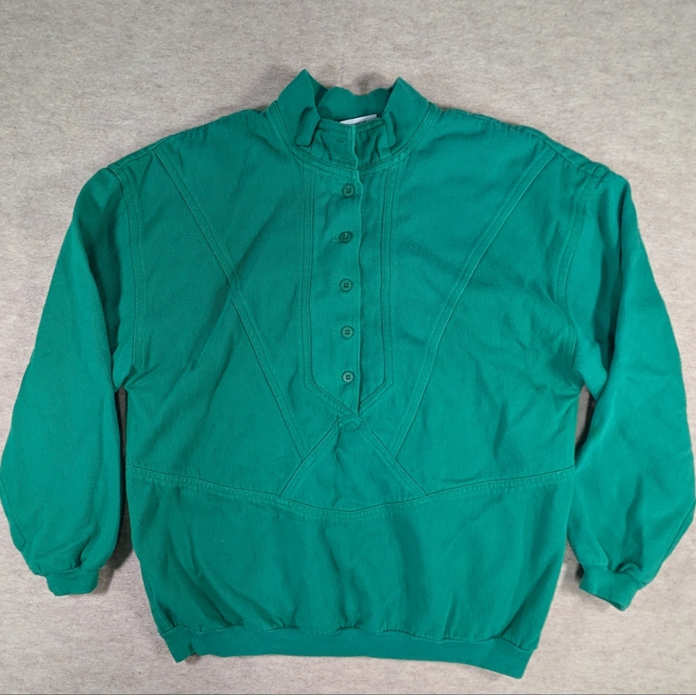 Kelly Green Vintage Retro Denim Weave Cotton Half Button Sweatshirt Oversized M